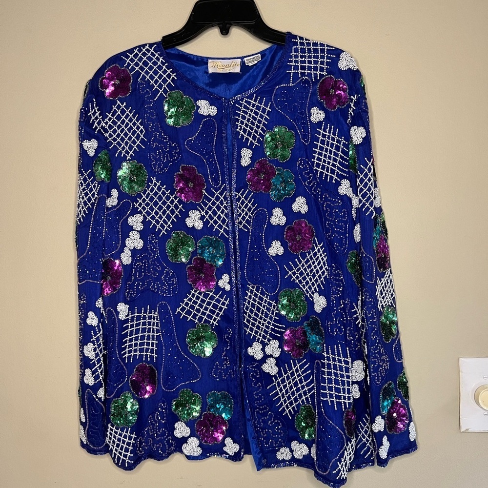 Vintage Silk Beaded Evening Women’s Jacket Floral XL